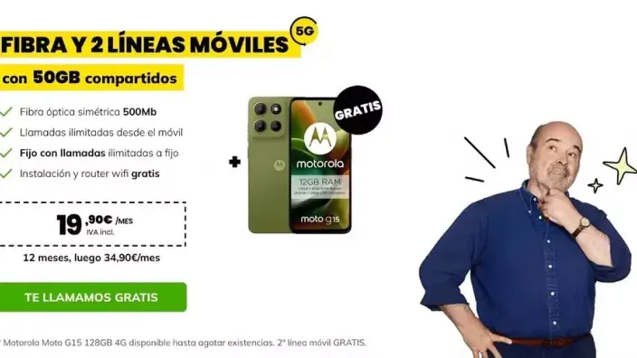 Publicidad de la tarifa de fibra y móvil de MásMóvil por 19,90€ con un smartphone Motorola de regalo y Antonio Resines.