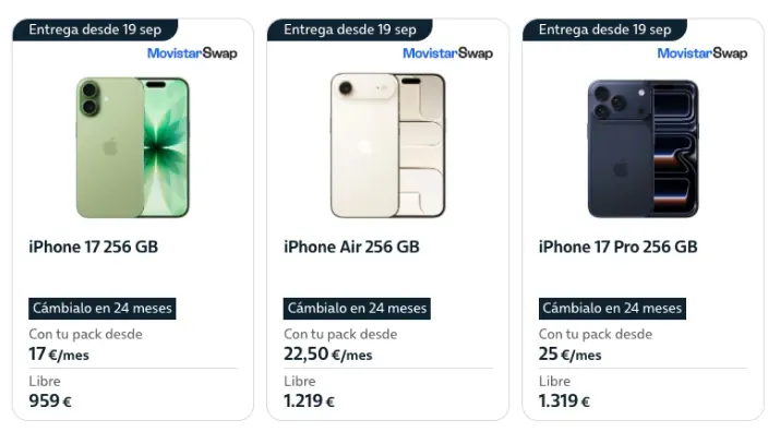 Oferta de Movistar Swap para los modelos iPhone 17, iPhone Air y iPhone 17 Pro, con sus precios y condiciones.