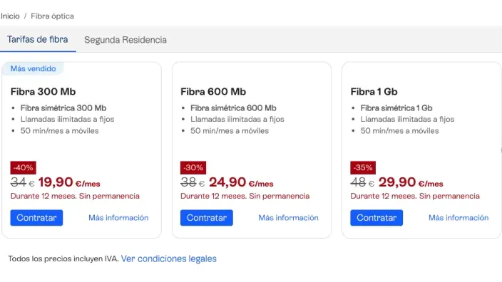 Tabla comparativa de las tarifas de fibra óptica de Movistar. Ofertas en 300Mb, 600Mb y 1Gb con descuentos aplicados.