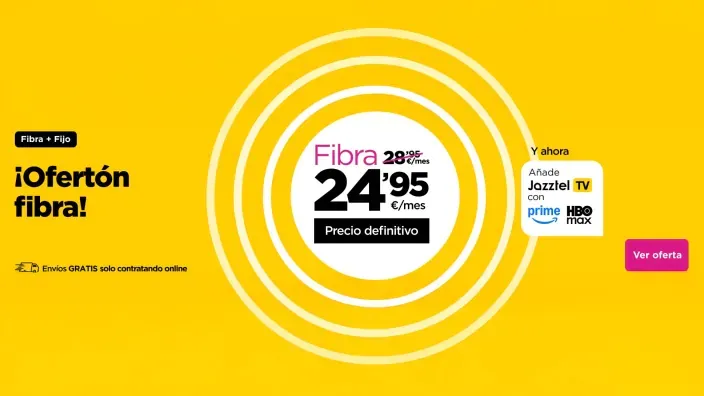 Banner publicitario de Jazztel con su oferta de fibra por 24,95€ al mes. Incluye fijo y la opción de añadir Jazztel TV.