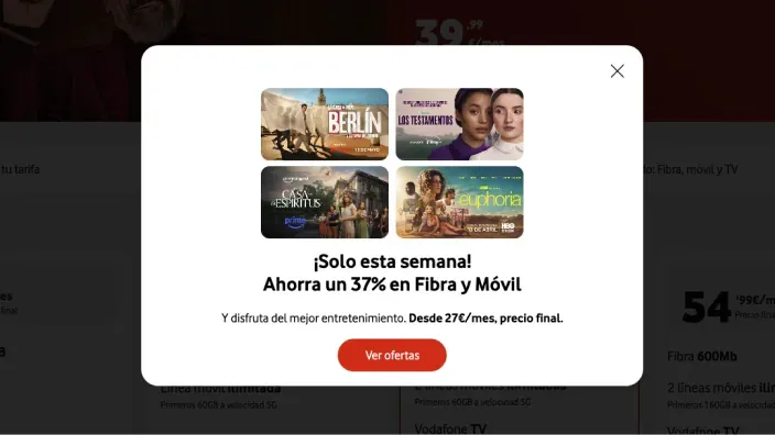 Promo de Vodafone con 37% de ahorro en fibra y móvil desde 27€ con series como Berlín y Euphoria incluidas.