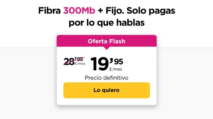 Imagen con la oferta flash de Jazztel de fibra de 300Mb más fijo por solo 19,95€ al mes.
