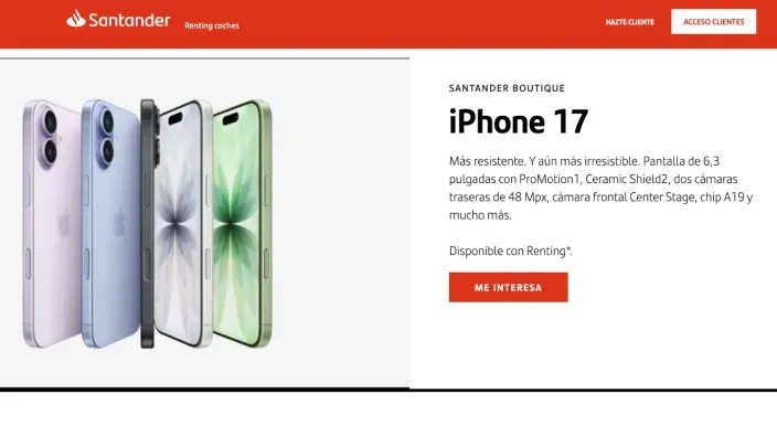 Captura de la web de Santander con la oferta de renting del iPhone 17. Página de la Santander Boutique con los detalles del producto.