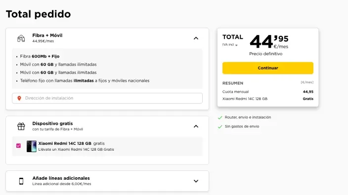 Pantalla de resumen de pedido de una oferta de Jazztel con fibra, móvil y dispositivo gratuito.