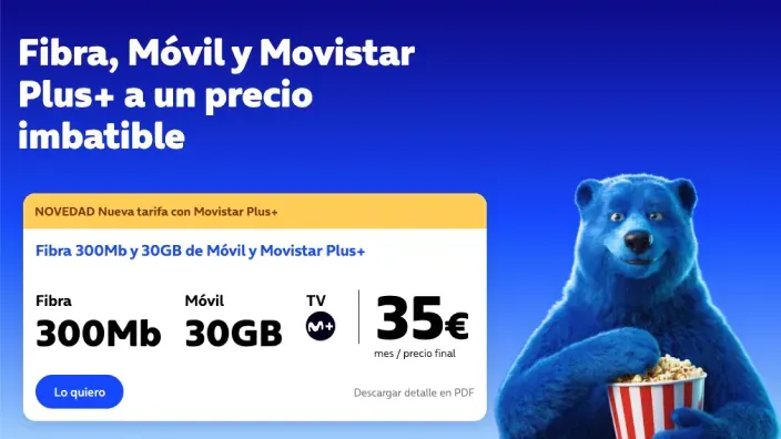 Oferta de Movistar Plus+ con O2. Contrata fibra de 300Mb, móvil con 30GB y TV por solo 35 euros al mes. Oso azul con palomitas.