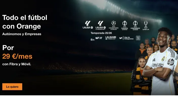 Anuncio de Orange con su oferta de fútbol para autónomos y empresas: LaLiga y Champions por 29€/mes al contratar fibra y móvil.