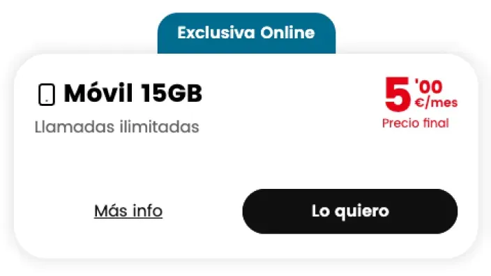 Oferta online de la tarifa móvil de Lowi con 15GB y llamadas ilimitadas por 5 euros al mes, precio final.
