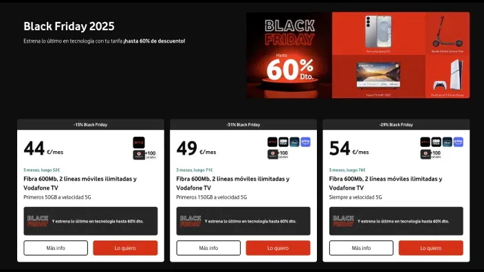 Ofertas de Black Friday de Vodafone en tarifas convergentes.