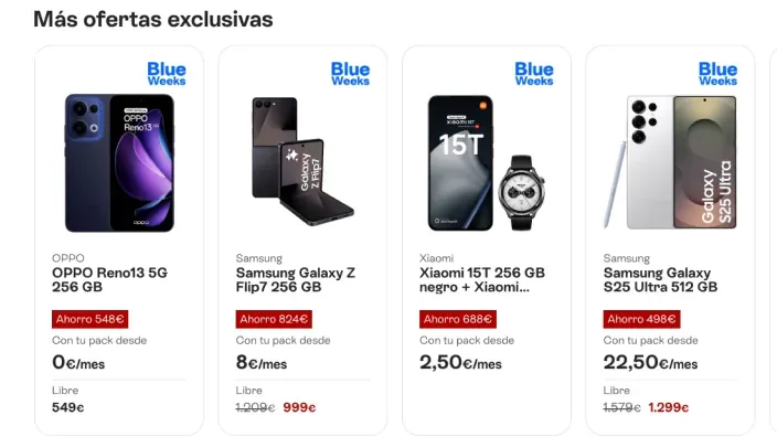 Imagen promocional con fondo azul de las “Blue Weeks” de Movistar, mostrando distintos dispositivos tecnológicos con descuentos.