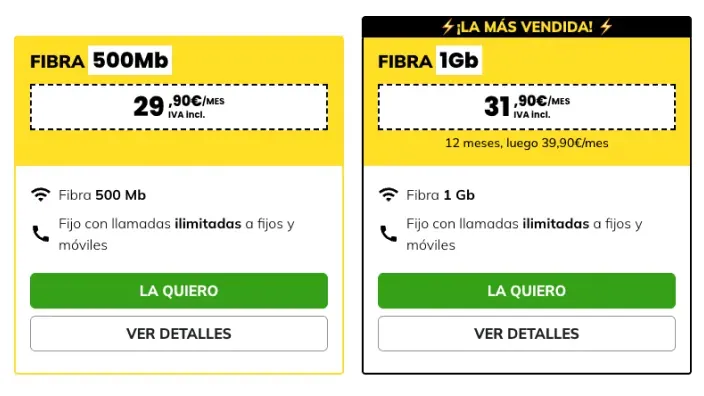 Comparativa de ofertas de fibra de MásMóvil. Tarifa de 500Mb por 29,90€ y la más vendida, 1Gb por 31,90€, con llamadas ilimitadas.