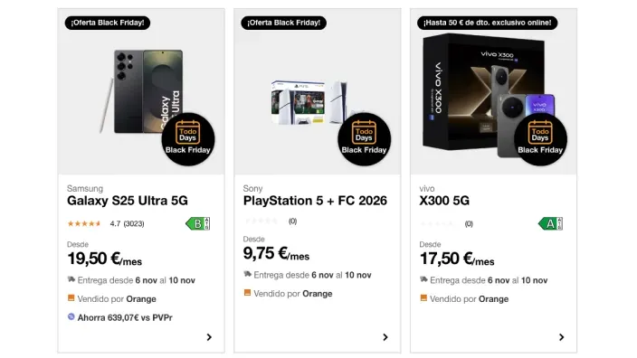 Ofertas Black Friday en móviles Samsung Galaxy S25 y vivo X300, y pack de consola PlayStation 5 con FC 2026.