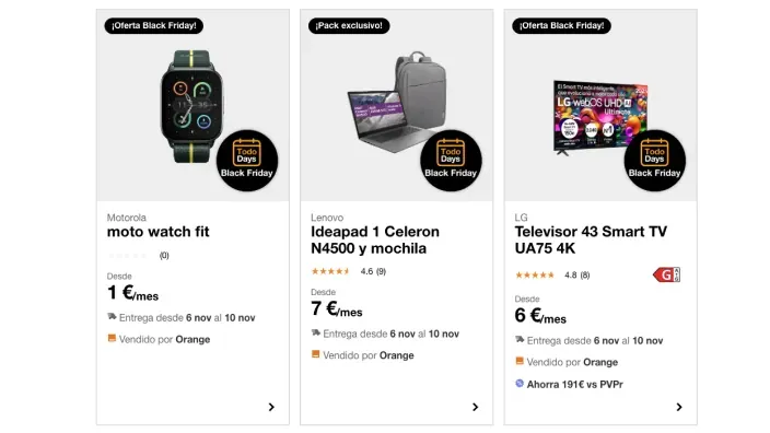 Ofertas Black Friday en tecnología: smartwatch Motorola, portátil Lenovo en pack y Smart TV LG 4K.