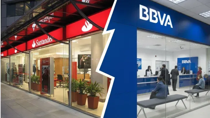 Imagen comparativa de las oficinas de los bancos Santander y BBVA, principales competidores en el sector bancario español.