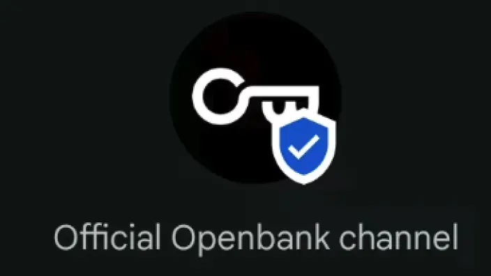 Logotipo del canal oficial de Openbank con icono de llave y escudo de seguridad verificado sobre fondo oscuro.