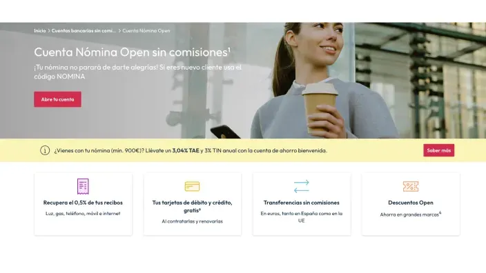 Cuenta Nómina OpenBank sin comisiones con devolución del 0,5% de recibos y tarjetas gratis.