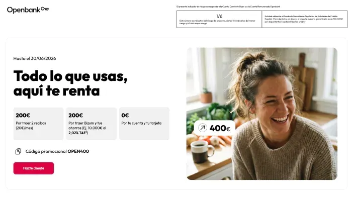 Promoción de Openbank con código OPEN400 para ganar hasta 400€ al domiciliar recibos y ahorros.