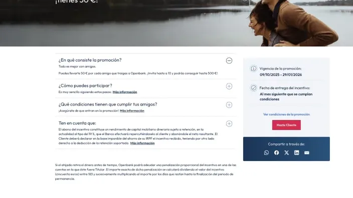 Web de Openbank con la promoción Plan Amigo para ganar 50 euros por invitación hasta enero de 2026.