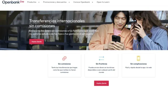 Web de Openbank sobre transferencias internacionales sin comisiones y gestión fácil de dinero desde el teléfono móvil.
