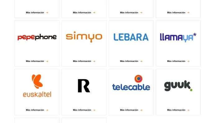 Cuadrícula de logotipos de operadoras móviles en España incluyendo Orange Yoigo Jazztel Masmóvil Pepephone y Simyo.