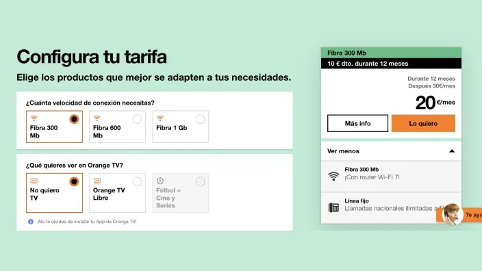 Proceso para configurar una tarifa de fibra óptica de Orange con descuento.