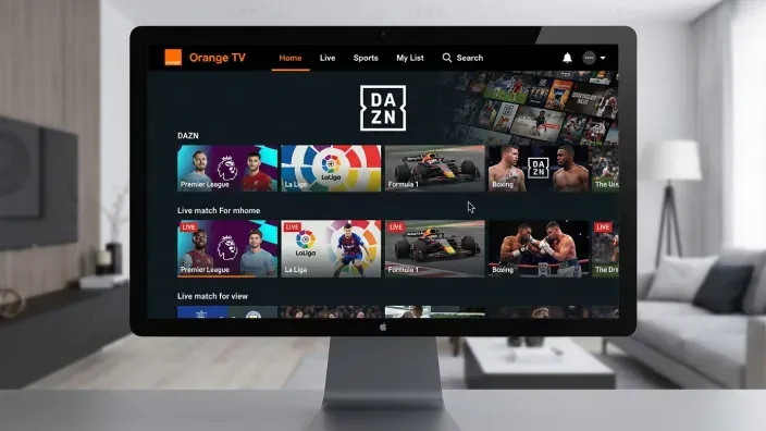 Interfaz de Orange TV mostrando la integración de la app de DAZN con partidos de LaLiga y F1.