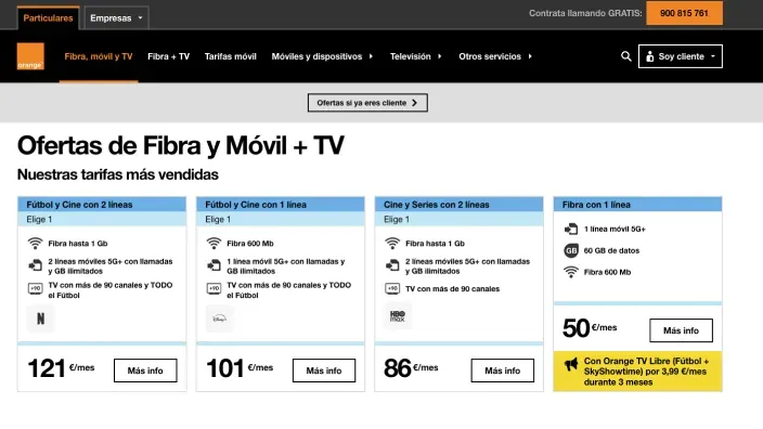 Tabla de tarifas Orange fibra, móvil y TV con precios de fútbol y plataformas de streaming.