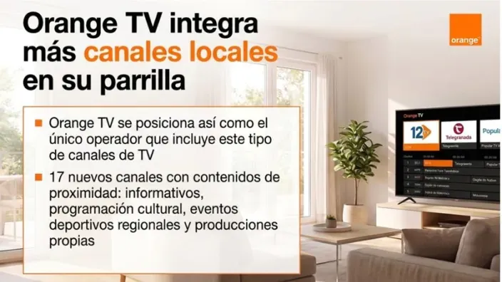 Infografía de Orange TV anunciando la integración de diecisiete nuevos canales locales en su parrilla de televisión.