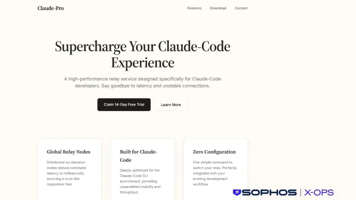 Web falsa de Claude-Pro para desarrolladores de Claude-Code, identificada como malware por Sophos X-OPS.