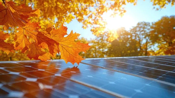 Placas solares con hojas secas amarillas de otoño y luz del sol filtrada entre árboles.
