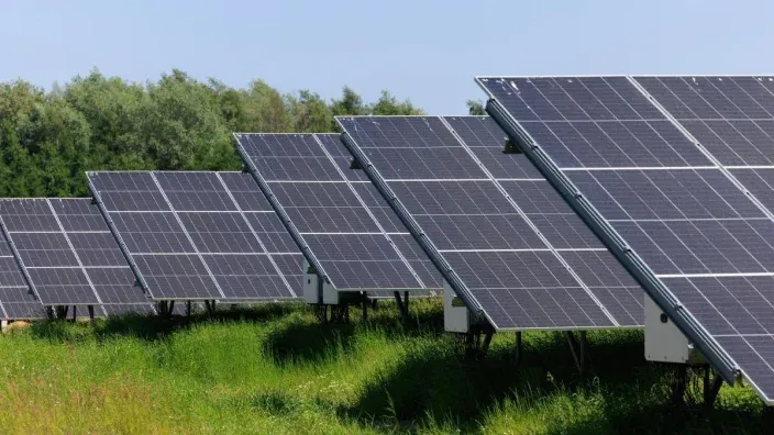 Filas de paneles solares instalados en un campo.