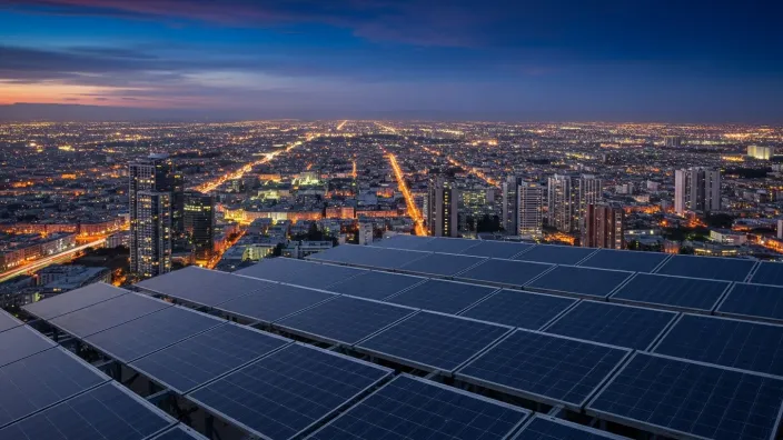 Paneles solares instalados en la azotea de un edificio con vistas a una gran ciudad iluminada por la noche.