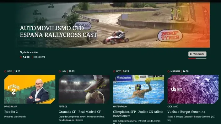 Pantalla de programación de TDP con varios contenidos deportivos y horarios de emisión