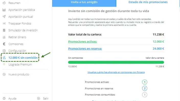 Interfaz de Finizens donde se ve el Plan Amigo para invertir sin comisión