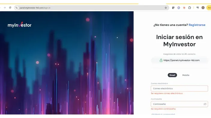 Página de inicio de sesión de MyInvestor abierta en un navegador web con campos de correo electrónico y contraseña
