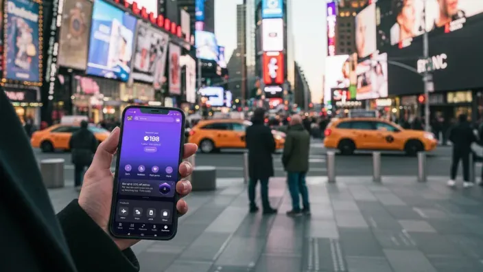 Persona sosteniendo un smartphone con la app de Revolut abierta en Times Square, Nueva York.
