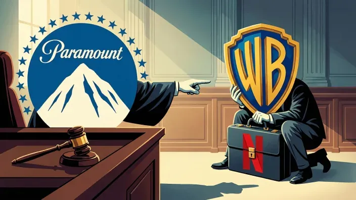 Paramount señalando como culpable a Warner Bros con maletín de Netflix en un juicio con mazo.
