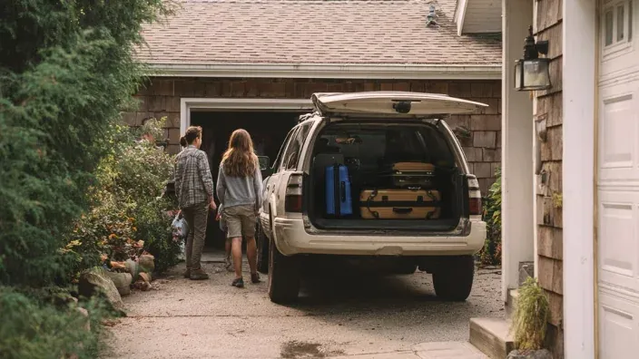 Familia preparando las maletas en el coche para un viaje de vacaciones.