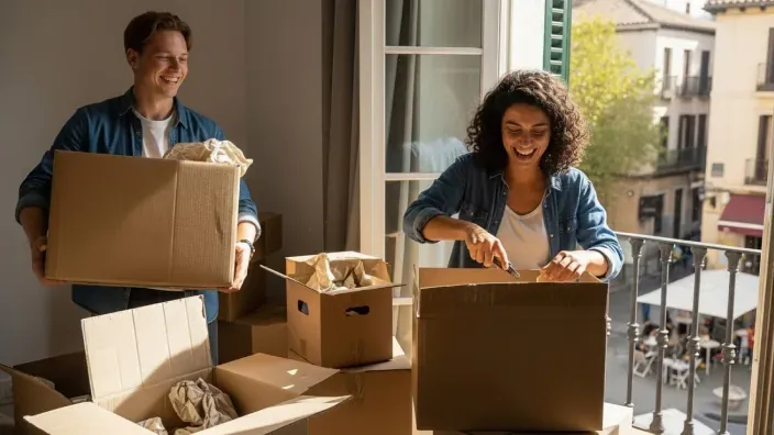 Pareja joven y feliz desempaquetando cajas de mudanza en su nuevo piso con balcón, tras comprar o alquilar una vivienda.