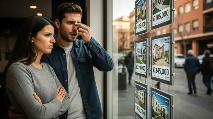 Pareja joven preocupada mirando los altos precios de los pisos en el escaparate de una inmobiliaria.