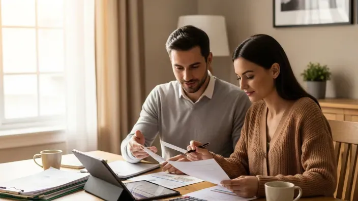 Pareja joven revisando documentos y facturas energéticas en una mesa del hogar.