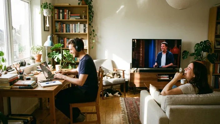 Pareja en el salón de casa, uno teletrabajando con auriculares y portátil mientras la otra persona ve la televisión y se ríe.