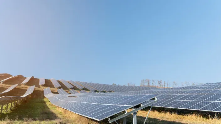 Filas de paneles solares fotovoltaicos en un campo bajo cielo despejado.
