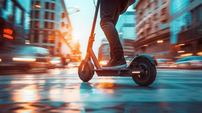 Persona circulando en patinete eléctrico por la ciudad al atardecer, símbolo de la nueva movilidad urbana.