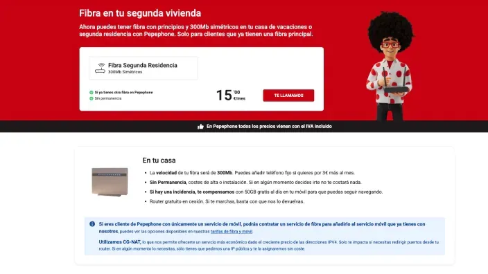 Oferta Pepephone Fibra Segunda Vivienda 300Mb simétricos a 15€/mes sin permanencia, exclusiva para clientes con fibra principal