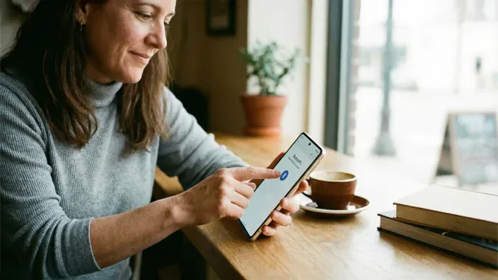 Mujer activando la conexión Bluetooth en su móvil Android en una cafetería pública.
