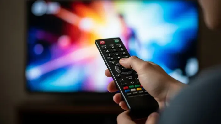 Primer plano de una mano sujetando un mando a distancia para cambiar de canal en la televisión y elegir la programación.