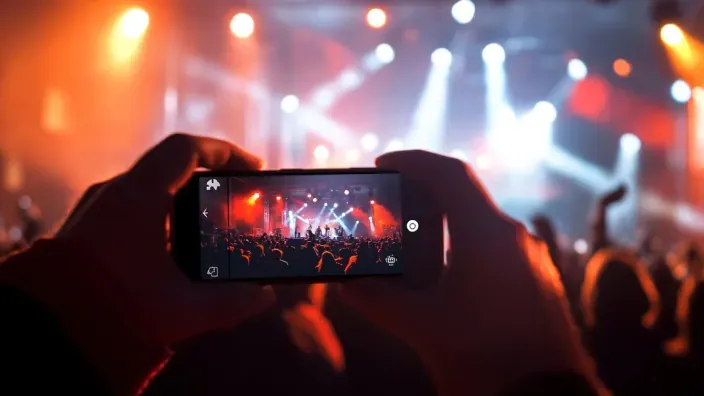 Persona grabando una actuación musical en directo con su smartphone durante un concierto con luces rojas.