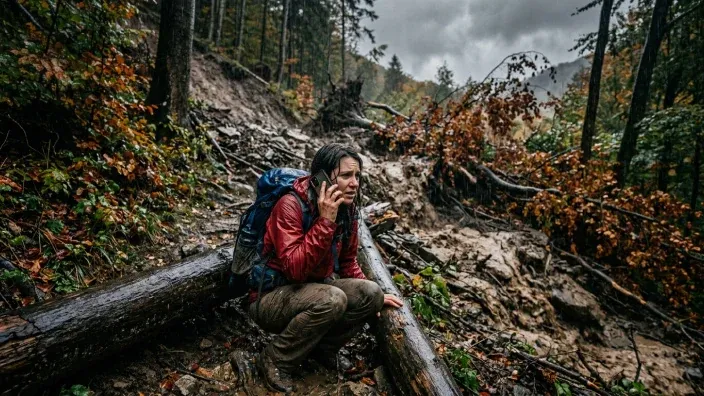 Mujer llamando por móvil tras un desprendimiento en el bosque para solicitar asistencia de emergencia en la montaña.