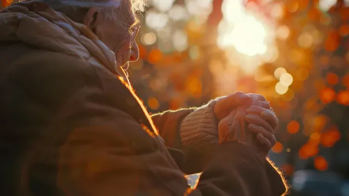 Anciano de perfil con las manos entrelazadas al atardecer para representar la tranquilidad y los seguros de vida o deceso.