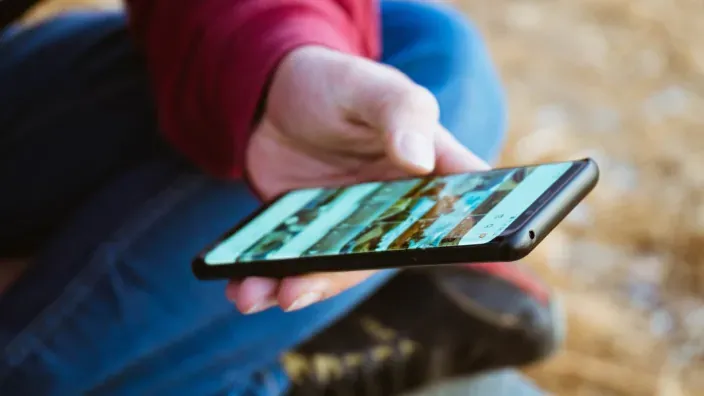 Persona usando un teléfono móvil mientras navega por internet.